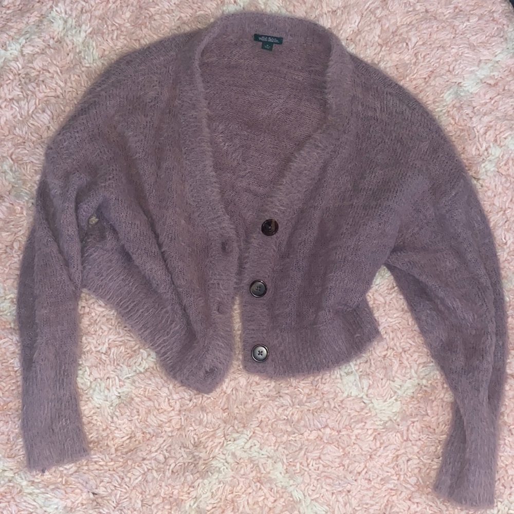 Fluffy Purple Cropped Button Up Sweater